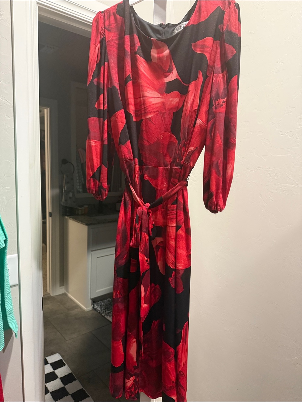 Kasper Black Dress with Bold Red Floral Print, Long Sleeve